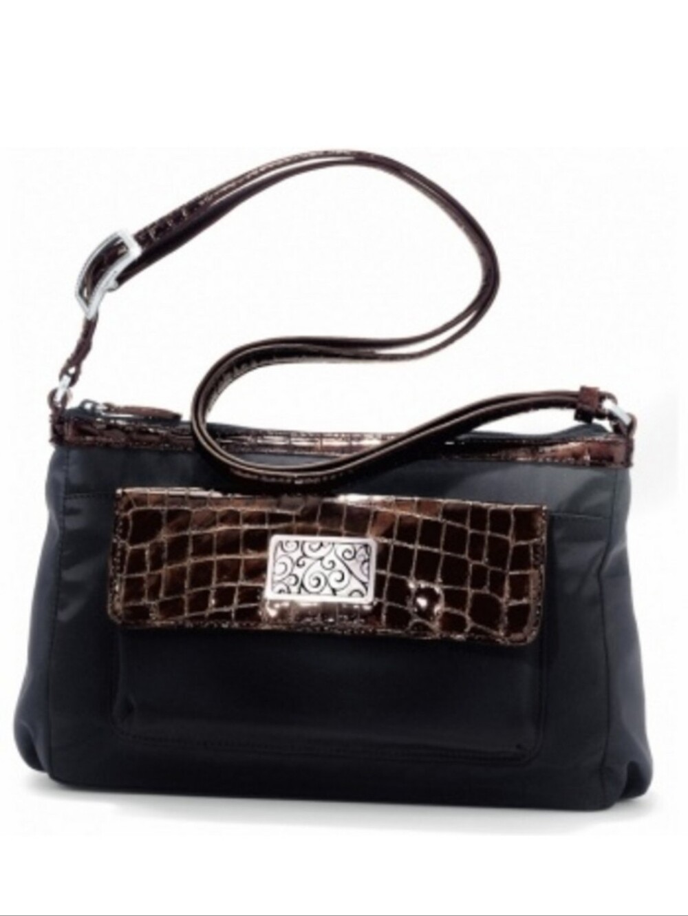 Brighton Jennifer Organizer Black & Embossed Brown Adjustable Shoulder Bag 7x12